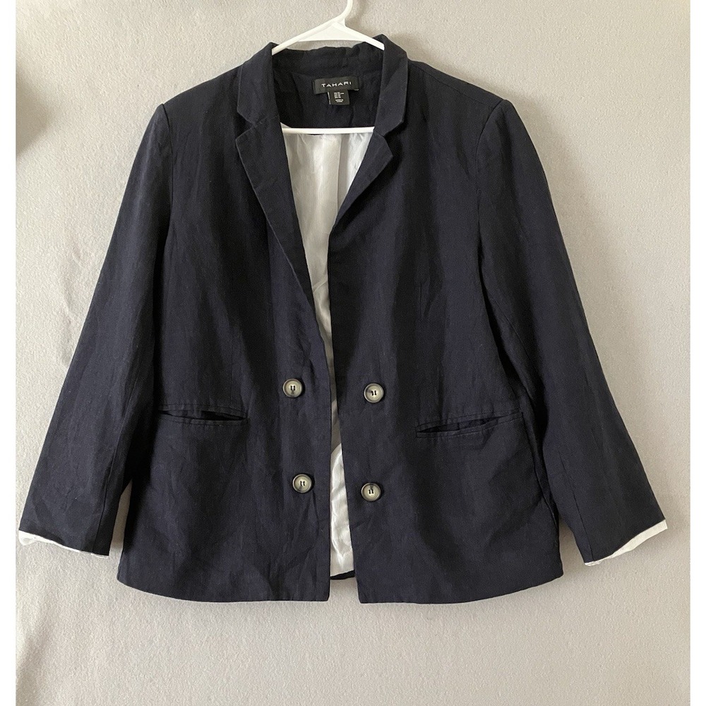 Tahari Women's Navy Linen Blend Blazer Faux Buttons Size XL Preppy Office